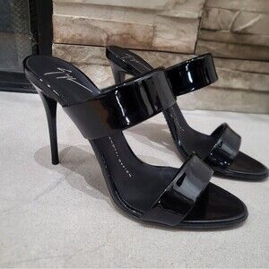 Giuseppe Zanotti Black Patent Leather Open Toe Sandals Dual Band Stiletto 37.5